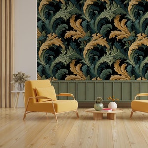 Green and orange leaf wallpaper, botanical Wall Mural | Home Renovation | Wall Art | Peel and Stick Or Non Self-Adhesive Vinyl Wallpaper