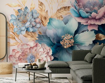Colorful floral wallpaper, vintage botanical | Home Decor | Home Renovation | Wall Art | Peel and Stick Or Non Self-Adhesive Vinyl Wallpaper