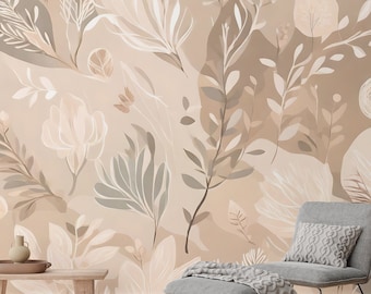 Beige and brown leaves wallpaper | Bright Wall Decor | Home Renovation | Wall Art | Peel and Stick Or Non Self-Adhesive Vinyl Wallpaper