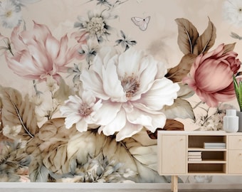 Floral wall mural, white and pink flowers wallpaper | Wall Decor | Home Renovation | Peel and Stick Or Non Self-Adhesive Vinyl Wallpaper