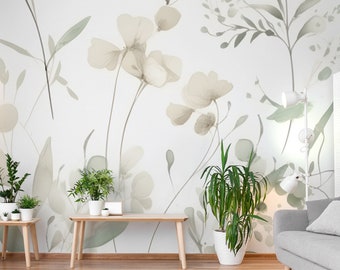 Meadow flowers white botanical wallpaper | Wall Decor | Home Renovation | Wall Art | Peel and Stick Or Non Self-Adhesive Vinyl Wallpaper