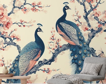 Watercolor tree with peacocks, wall mural | Wall Decor | Home Renovation | Wall Art | Peel and Stick Or Non Self-Adhesive Vinyl Wallpaper