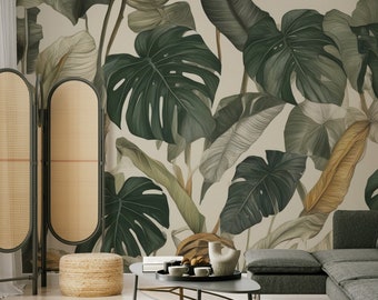 Carta da parati con foglie tropicali, decorazione Monstera | Decorazione da parete | Ristrutturazione casa | Arte della parete | Carta da parati in vinile staccabile e incollabile o non autoadesiva