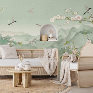 Green landspace wallpaper | tree and mountain Wall Mural | Home Renovation | Wall Art | Peel and Stick Or Non Self-Adhesive Vinyl Wallpaper