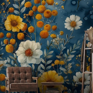 Orange flower and leaves | vintage botanical Wall Mural | Home Renovation | Wall Art | Peel and Stick Or Non Self-Adhesive Vinyl Wallpaper