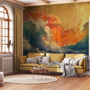 Carta da parati artistica, carta da parati con onde | Decorazione da parete | Ristrutturazione casa | Arte della parete | Carta da parati in vinile staccabile e incollabile o non autoadesiva