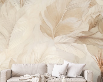 Beige feathers wallpaper, wall mural | Wall Decor | Home Renovation | Wall Art | Peel and Stick Or Non Self-Adhesive Vinyl Wallpaper