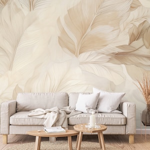 Beige Federn Tapete, Wandgemälde | Wanddekoration | Hausrenovierung | Wandkunst | Vinyl-Tapete zum Abziehen und Aufkleben oder nicht selbstklebend