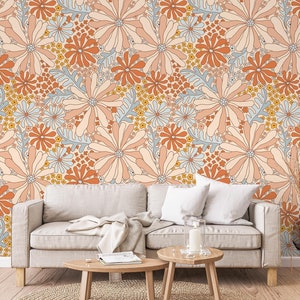 Retro summer flower wallpaper | Orange Wall Decor | Home Renovation | Wall Art | Peel and Stick Or Non Self-Adhesive Vinyl Wallpaper