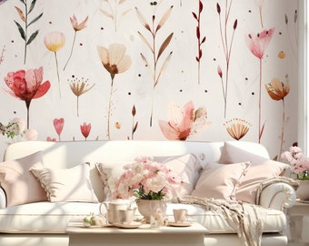 Colorful flowers white wallpaper | Floral Wall Decor | Home Renovation | Wall Art | Peel and Stick Or Non Self-Adhesive Vinyl Wallpaper