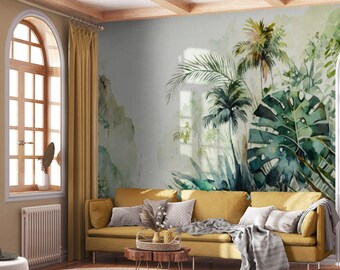 Papier peint jungle tropicale, fresque murale | Décoration murale | Rénovation | Art mural | Papier peint vinyle autocollant ou non autocollant