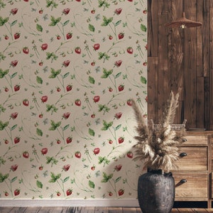 Carta da parati con fragole e foglie | Decorazione da parete beige | Ristrutturazione casa | Arte della parete | Carta da parati in vinile staccabile e incollabile o non autoadesiva