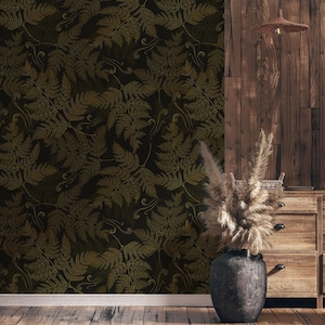 Carta da parati con foglie di felce scura | Decorazione da parete botanica | Ristrutturazione casa | Arte della parete | Carta da parati in vinile staccabile e incollabile o non autoadesiva