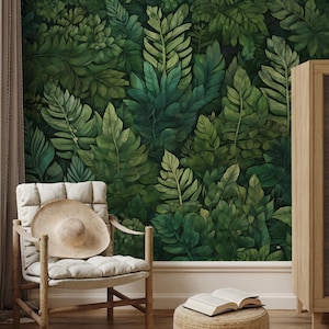 Carta da parati con foglie verdi lussureggianti, murale botanico moderno | Ristrutturazione casa | Arte della parete | Carta da parati in vinile staccabile e incollabile o non autoadesiva