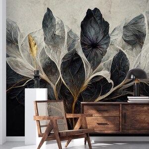 Dark leaf wallpaper, abstract botanical | Home Decor | Home Renovation | Wall Art | Peel and Stick Or Non Self-Adhesive Vinyl Wallpaper