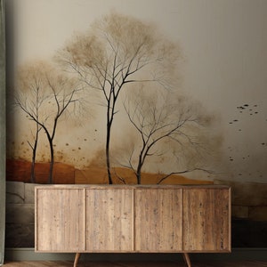Carta da parati astratta dell'albero, autunno beige | Decorazioni per la casa | Ristrutturazione casa | Arte della parete | Carta da parati in vinile staccabile e incollabile o non autoadesiva