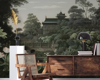 Green landscape wallpaper | Chinese garden Wall Mural | Home Renovation | Wall Art | Peel and Stick Or Non Self-Adhesive Vinyl Wallpaper