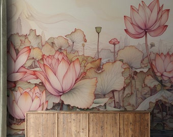 Può includere: Un mobile in legno con tre ante si trova davanti a un murale a parete con fiori di loto rosa e foglie in stile acquerello.