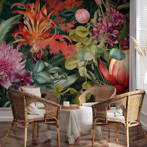 Tropical flower wallpaper | vintage botanical Wall Mural | Home Renovation | Wall Art | Peel and Stick Or Non Self-Adhesive Vinyl Wallpaper