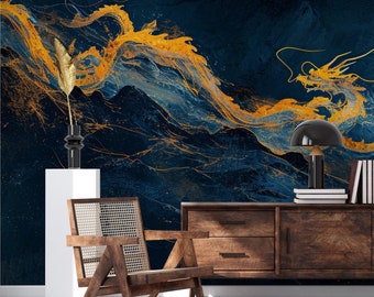 Dark blue wallpaper with abstract dragon | Wall Decor | Home Renovation | Peel and Stick Or Non Self-Adhesive Vinyl Wallpaper