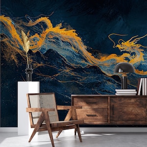 Carta da parati blu scuro con drago astratto | Decorazione da parete | Ristrutturazione casa | Carta da parati in vinile staccabile e incollabile o non autoadesiva