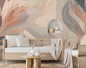 Abstrakte Tapete, pastellfarbenes Blumenmuster | Wanddekoration | Hausrenovierung | Wandkunst | Vinyl-Tapete zum Abziehen und Aufkleben oder nicht selbstklebend