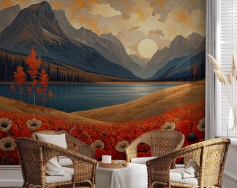 Mountain landscape wallpaper | Wall Decor | Home Renovation | Wall Art | Peel and Stick Or Non Self-Adhesive Vinyl Wallpaper