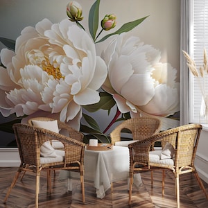 Peony flower wallpaper, wall mural | Wall Decor | Home Renovation | Wall Art | Peel and Stick Or Non Self-Adhesive Vinyl Wallpaper