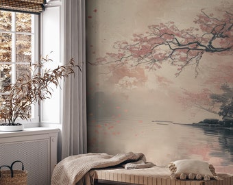 Pink landscape wallpaper | cherry blossom tree Wall Mural | Home Renovation | Wall Art | Peel and Stick Or Non Self-Adhesive Vinyl Wallpaper