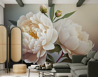 Peony flower wallpaper, wall mural | Wall Decor | Home Renovation | Wall Art | Peel and Stick Or Non Self-Adhesive Vinyl Wallpaper