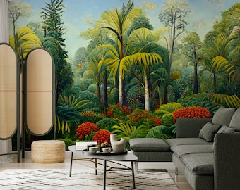 Tropischer Garten-Wandbild, Dschungellandschafts-Tapete | Wanddekoration | Hausrenovierung | Vinyl-Tapete zum Abziehen und Aufkleben oder nicht selbstklebend
