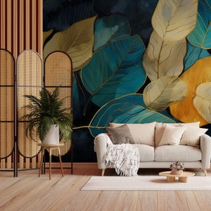 Murale botanico con foglie astratte verde acqua e gialle | Decorazione da parete | Ristrutturazione casa | Arte della parete | Carta da parati in vinile staccabile e incollabile o non autoadesiva