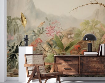 Aquarel jungle landschapsbehang, vogel | Wanddecoratie | Woningrenovatie | Kunst aan de muur | Schil en plak of niet-zelfklevend vinylbehang