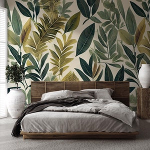 Green botanical wallpaper, vintage leaves | Home Renovation | Wall Art | Peel and Stick Or Non Self-Adhesive Vinyl Wallpaper