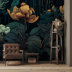 Abstract dark floral wallpaper | Wall Decor | Home Renovation | Peel and Stick Or Non Self-Adhesive Vinyl Wallpaper
