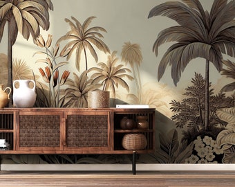 Boho-Tapete mit tropischer Landschaft | Wanddekoration | Hausrenovierung | Wandkunst | Abziehen und Aufkleben oder nicht selbstklebende Vinyltapete