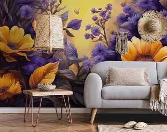 Papier peint fleurs violettes et jaunes | Décoration murale | Rénovation domiciliaire | Art mural | Papier peint vinyle à décoller et à coller ou non autocollant