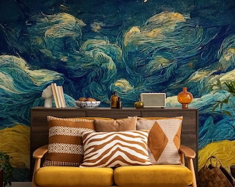 Abstrakte blaue und gelbe Wolkentapete | Wanddekoration | Hausrenovierung | Wandkunst | Vinyl-Tapete zum Abziehen und Aufkleben oder nicht selbstklebend