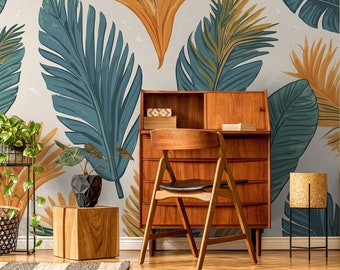 Palmblatttapete, abstraktes Muster | Wanddekoration | Hausrenovierung | Wandkunst | Vinyl-Tapete zum Abziehen und Aufkleben oder nicht selbstklebend