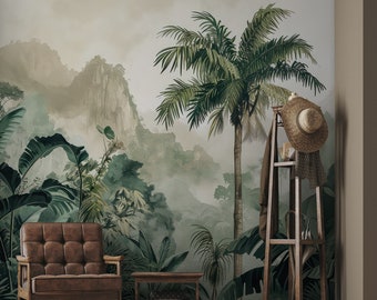 Watercolor jungle landscape wallpaper | Wall Decor | Home Renovation | Wall Art | Peel and Stick Or Non Self-Adhesive Vinyl Wallpaper