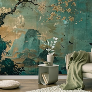 Carta da parati con albero in fiore blu | murale di montagna vintage | Ristrutturazione casa | Arte della parete | Carta da parati in vinile staccabile e incollabile o non autoadesiva