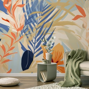 Tropische Blumen- und Blättertapete, farbenfrohe botanische | Hausrenovierung | Wandkunst | Vinyl-Tapete zum Abziehen und Aufkleben oder nicht selbstklebend