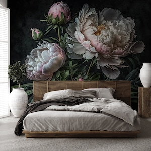 Dark Floral Wallpaper, peony flower | Wall Decor | Home Renovation | Wall Art | Peel and Stick Or Non Self-Adhesive Vinyl Wallpaper