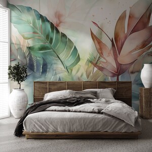 Watercolor tropical leaf wallpaper | Wall Decor | Home Renovation | Wall Art | Peel and Stick Or Non Self-Adhesive Vinyl Wallpaper