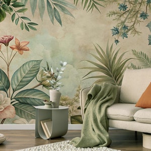 Carta da parati floreale verde, murale botanico vintage | Ristrutturazione casa | Arte della parete | Carta da parati in vinile staccabile e incollabile o non autoadesiva