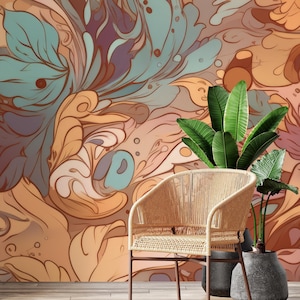 Floral abstraction wallpaper, teal & orange | Wall Mural | Home Renovation | Wall Art | Peel and Stick Or Non Self-Adhesive Vinyl Wallpaper