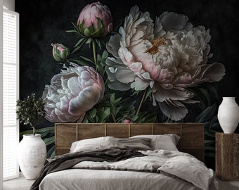 Dark Floral Wallpaper, peony flower | Wall Decor | Home Renovation | Wall Art | Peel and Stick Or Non Self-Adhesive Vinyl Wallpaper