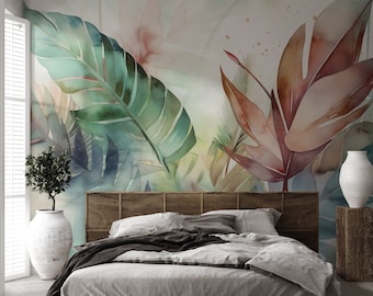 Aquarell tropische Blatttapete | Wanddekoration | Hausrenovierung | Wandkunst | Vinyl-Tapete zum Abziehen und Aufkleben oder nicht selbstklebend