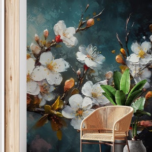 Dark floral wallpaper | watercolor botanical Wall Mural | Home Renovation | Wall Art | Peel and Stick Or Non Self-Adhesive Vinyl Wallpaper