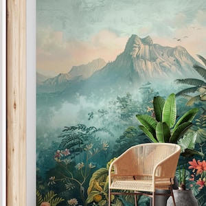 Carta da parati paesaggio vintage, montagna Fotomurale | Ristrutturazione casa | Arte della parete | Carta da parati in vinile staccabile e incollabile o non autoadesiva